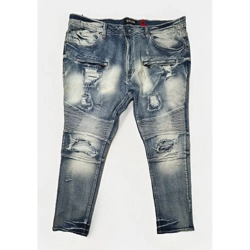 MAKOBI‎ Alki Biker Jeans Mens 44X32 M1757 Vintage Light Wash Moto Distressed NWT